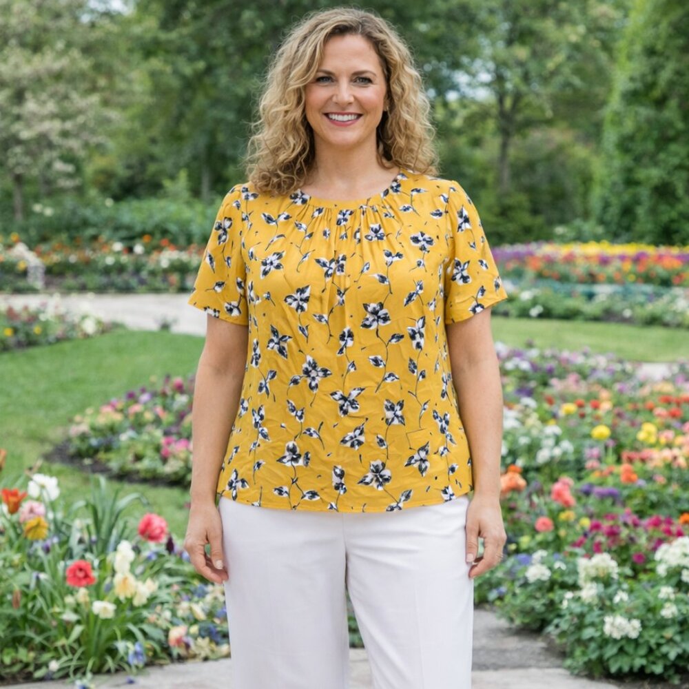Ann Taylor Womens Short Sleeve Blouse Yellow Black White Floral Keyhole Back EUC